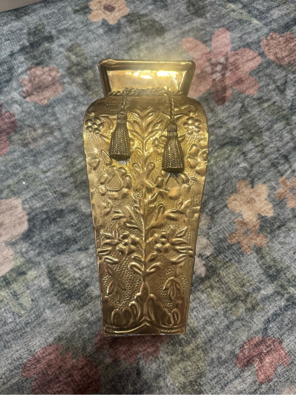 Vintage Brass Decorative Embossed Vase with Tassel Accent